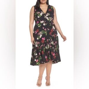 Eliza J Black Floral Midi Wrap Dress